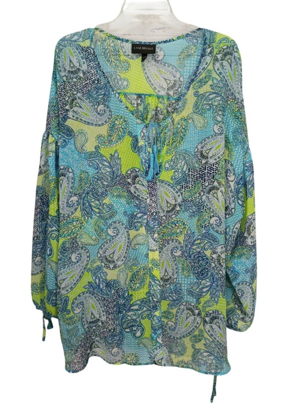 Lane Bryant Womens Paisley Print Sheer Blouse Size 26/28 Green & Blue Boho Style